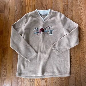 tan and white fleece vintage winter scene crewneck pullover